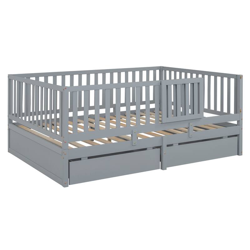 Full Size Wood Daybed with Fence Guardrails and 2 Drawers, Converts to Floor Bed or Daybed, Gray