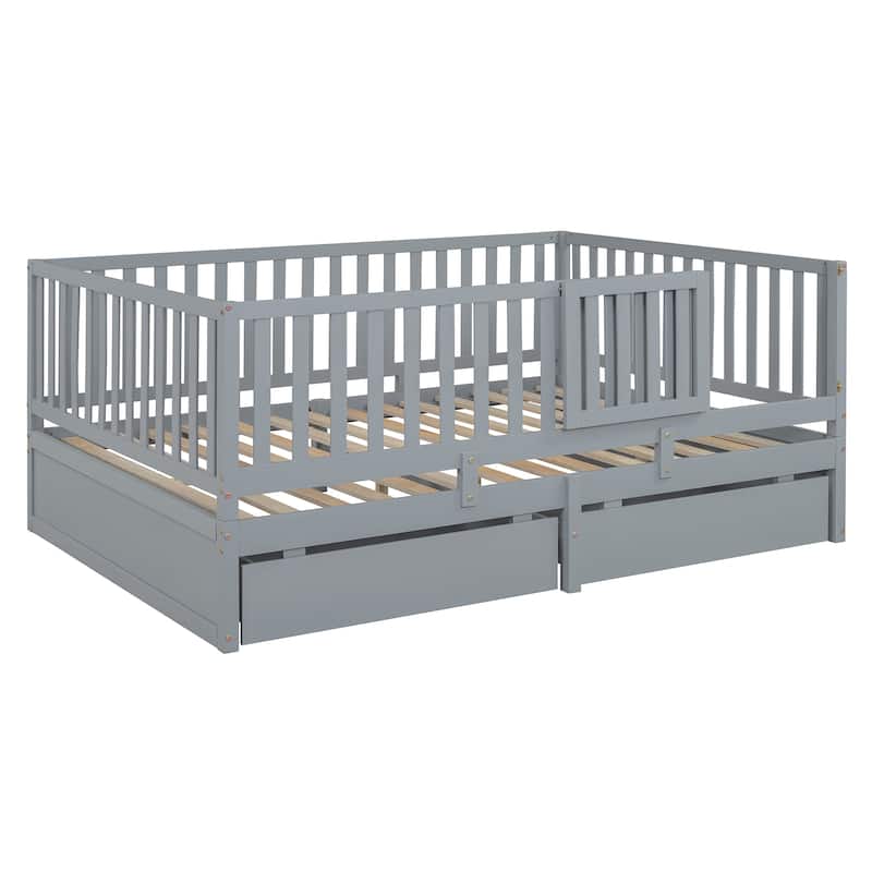 Wood Daybed with Fence Guardrails and 2 Drawers