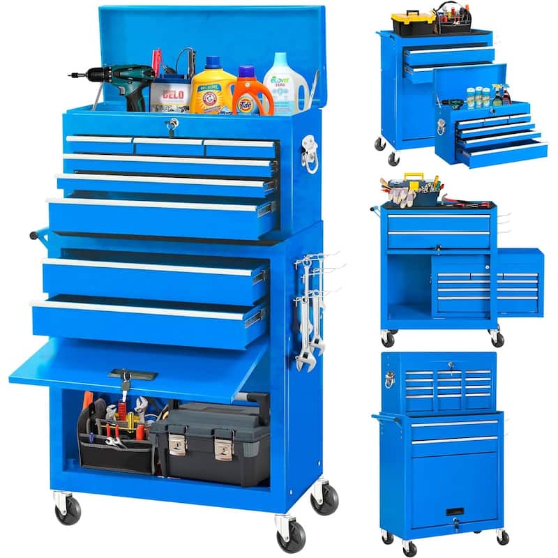 8-Drawer 2 in 1 Rolling Tool Chest Cabinet Garage Storage Toolbox with Detachable Top Tool Box and Universal Lockable Wheels - Blue