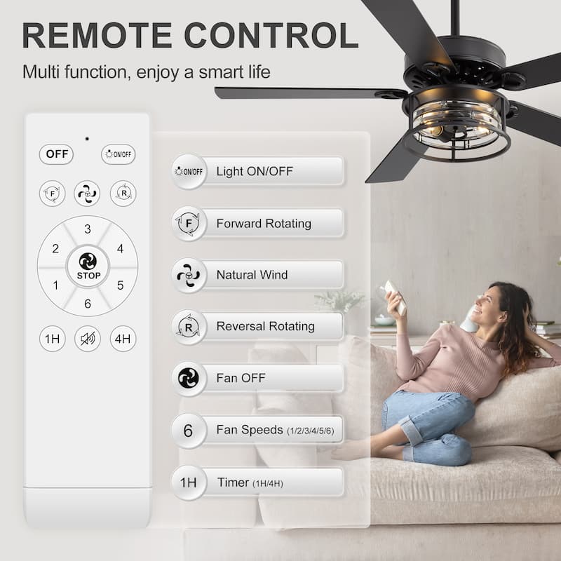 52" Reversible 5-Blade Caged Ceiling Fan with Light and Remote