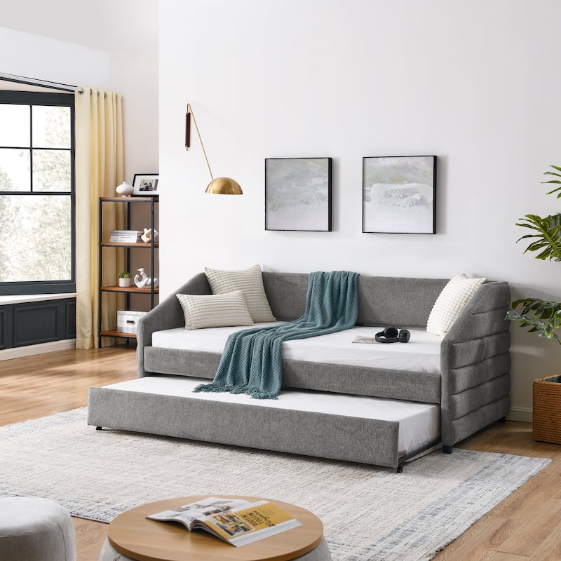 Linen Fabric Upholstered Daybed with Pull-Out Trundle or Storage Drawers, Tufted Sofa Bed Frame with Wood Slat Support