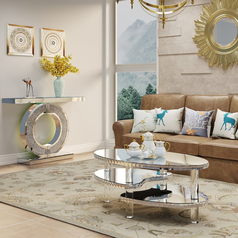 Silver Mirrored Glass Crystal Decor Coffee Table, Oval Double-Layer With Acylic Legs, Modern Home Furnishing