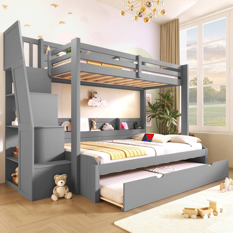 Twin Over Full Size Bunk Bed with Built-in 3-in-1 Storage Shelves and Charging Station, Pull-out Trundle, Storage Staircase