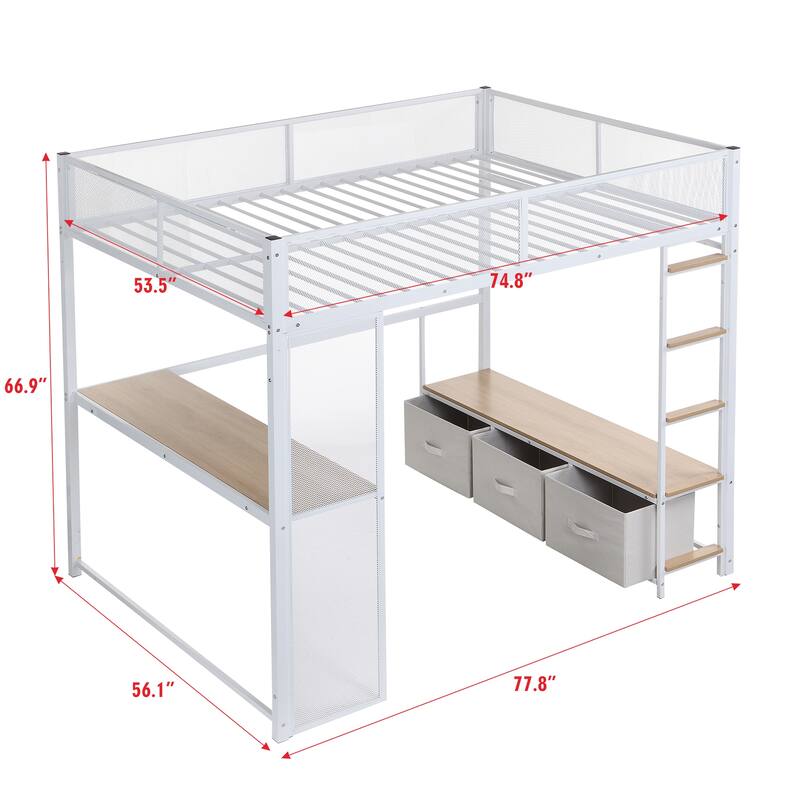 Full Size Metal Loft Bed with LED, Desk, Wardrobe, and Storage Drawers, White