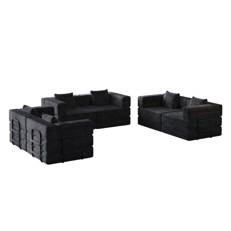 Corduroy Folding Loveseat Couch Set of 3 Convertible Sleeper Sofa Bed with Side Pockets, Modular Floor Mats with Anti-slip Pads