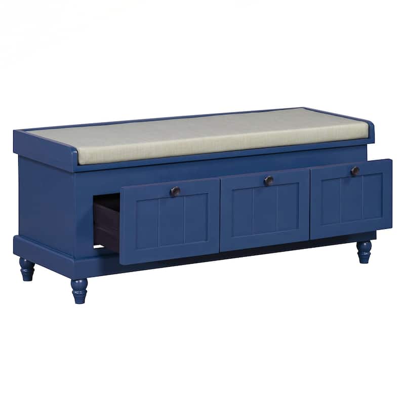 Classic Shoe Bench with Cushion and Three Drawers, Fluted Entryway Bench with Storage for Living Room, Entryway, and Hallways
