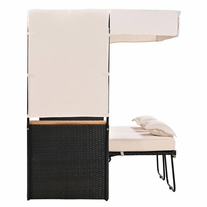 Outdoor Rattan Daybed Set - 5-Position Adjustable Loveseat with Roof and Cushions