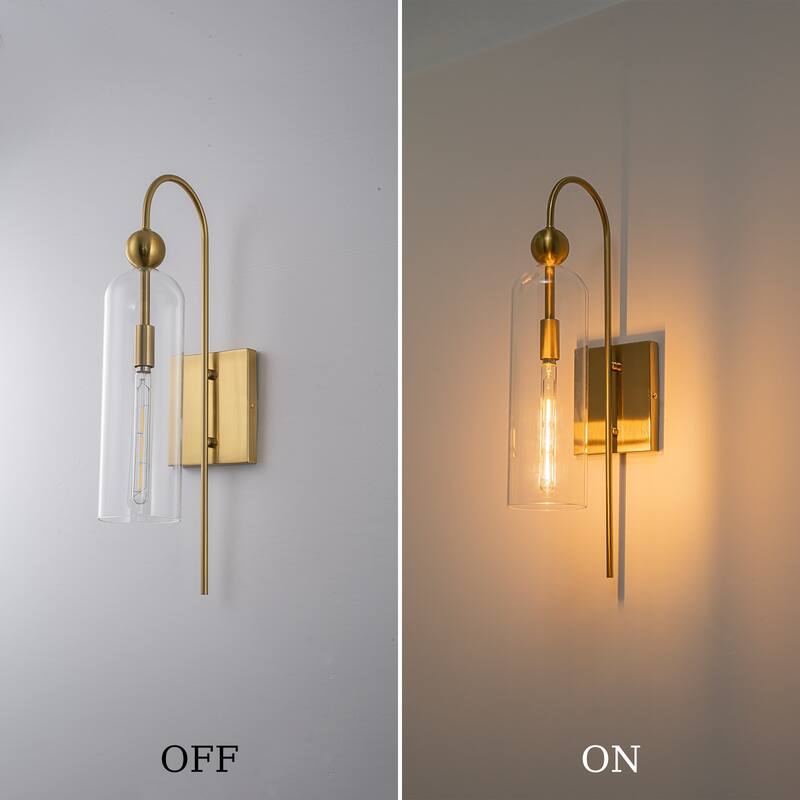 1-Light Brass Wall Sconce with Clear Cylindrical Glass Shade - 4.7" W × 7.9" D × 20.9" H