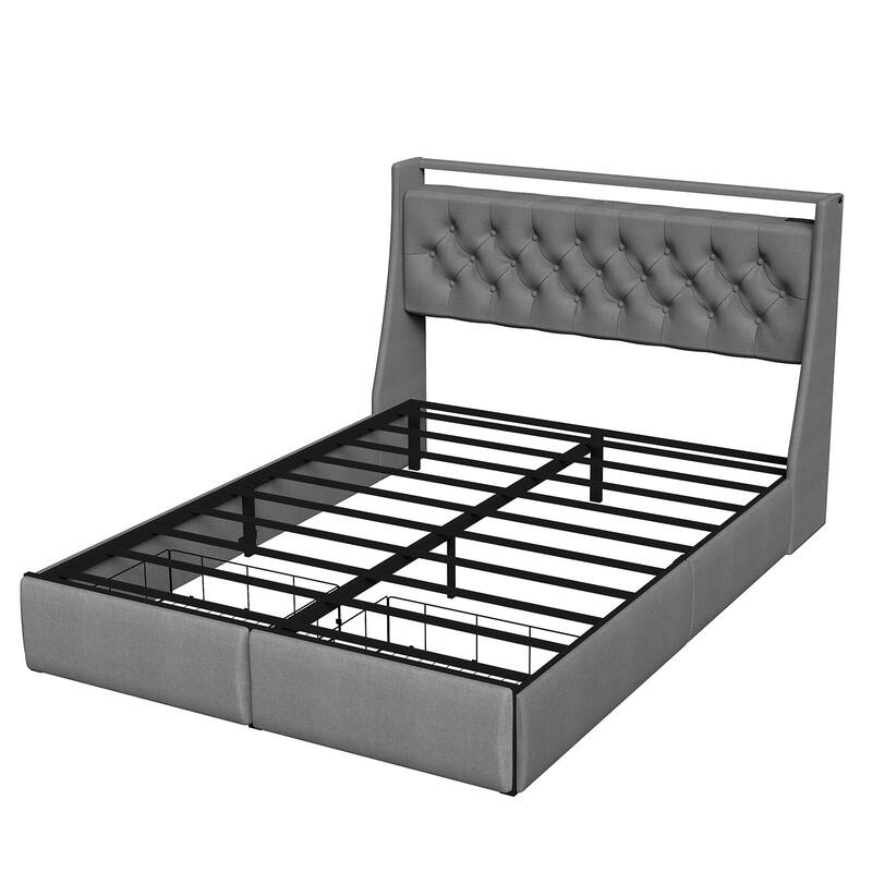 Full Size/Queen Size Bed Frame, Upholstered Platform Bed with RGB LED Light Storage Headboard & USB Charging Station