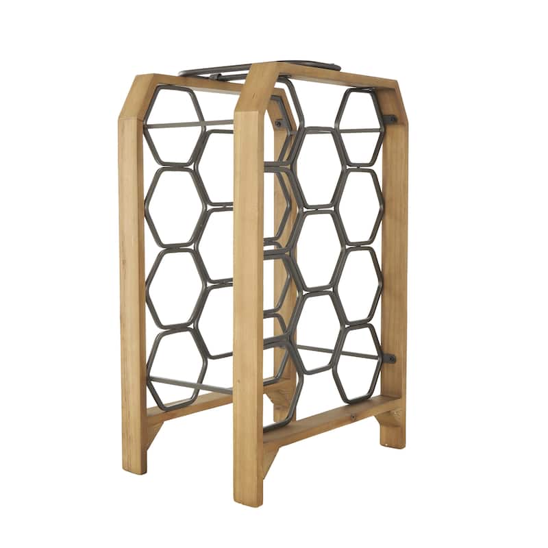 Wood Geometric 8 or 11 Slot Wine Rack with Gray Metal Curved Teardrop Holders - Brown - Roche River Decor