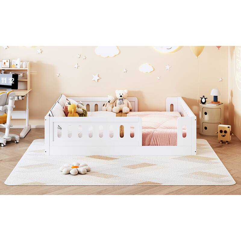 Roomfitters Full Size Wood Platform Bed with Semi-Enclosed Guardrail, Low Profile