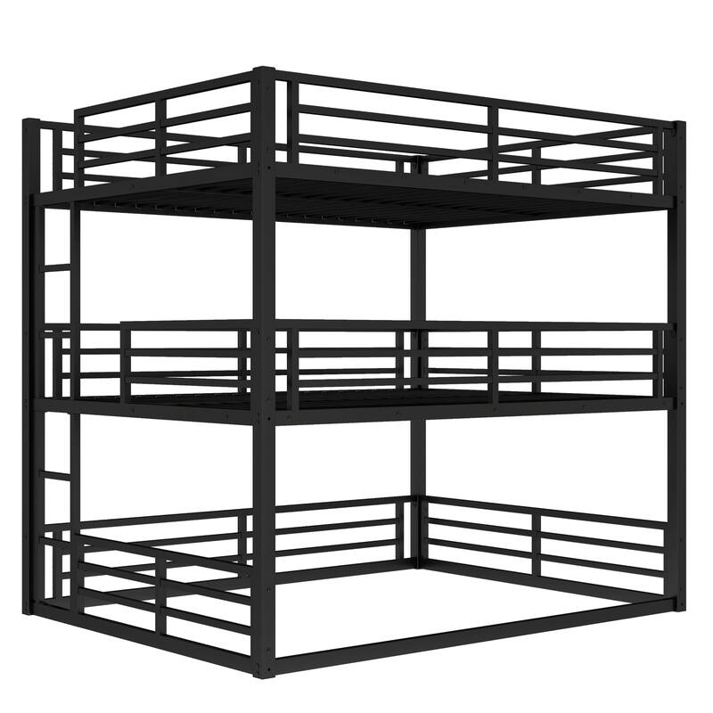 Metal Triple Bunk Bed with Safety Guardrails, Queen over Full XL over Queen, Black