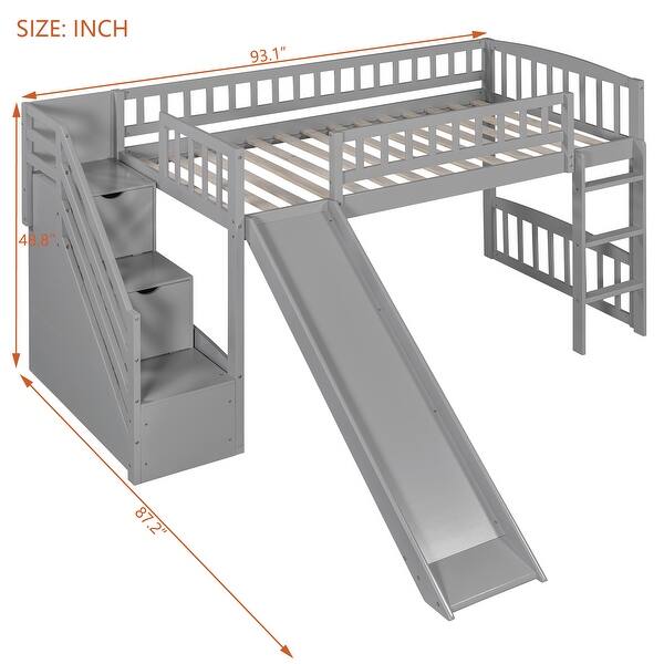 dimension image slide 1 of 2, All-in-one Loft Bed Built-in Ladder Wood Frame Loft Bed with Slide, 2 Drawers, Storage Stairs & Underbed Activity Space for Kids