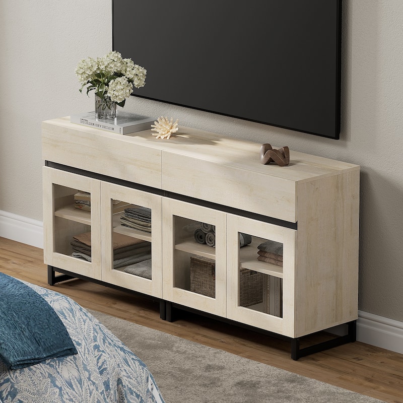 WAMPAT Modern TV Stand with Glass Doors for 110 inch TVs, Entertainment Center Console with 3 Drawers and Metal Base