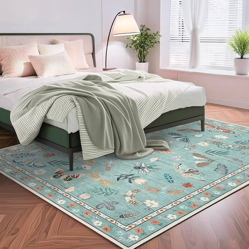 Floral Insect Print Washable Area Rugs for Living Room, Modern Non Slip Low Pile Area Rug