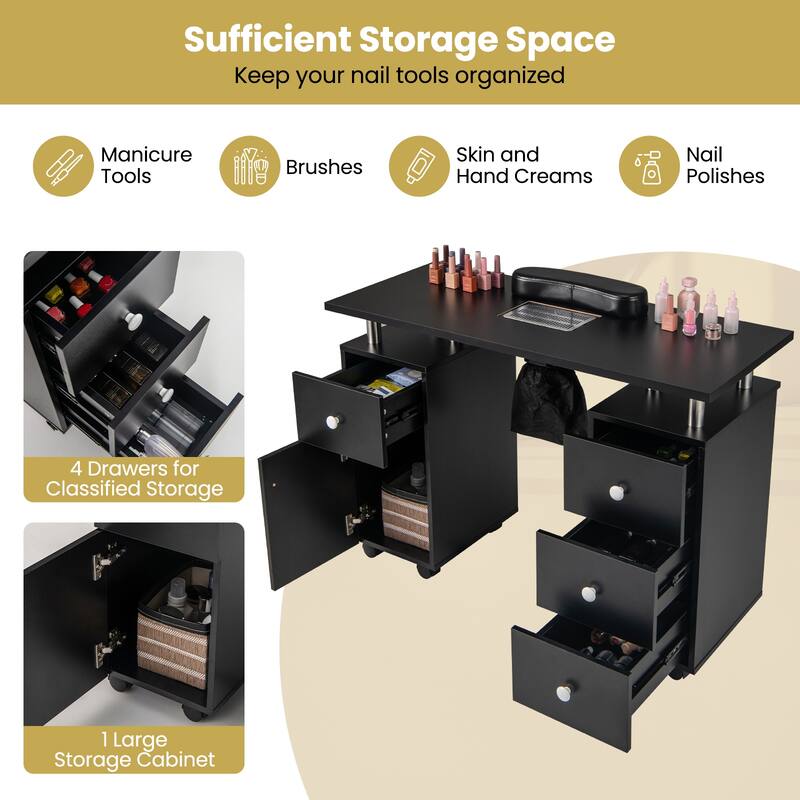 Gymax Manicure Table Nail Desk w/ Electric Dust Collector 3 Dust Bags