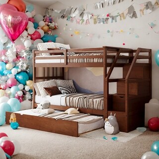 Modren Multifunctional Twin Over Twin Bunk Bed With Twin Size Trundle and 3 Storage Stairs For Bedroom,Dorm,Adults,Kids