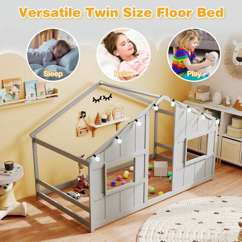 Costway Twin Size House Floor Bed with LED Lights Solid Wood Bed Frame