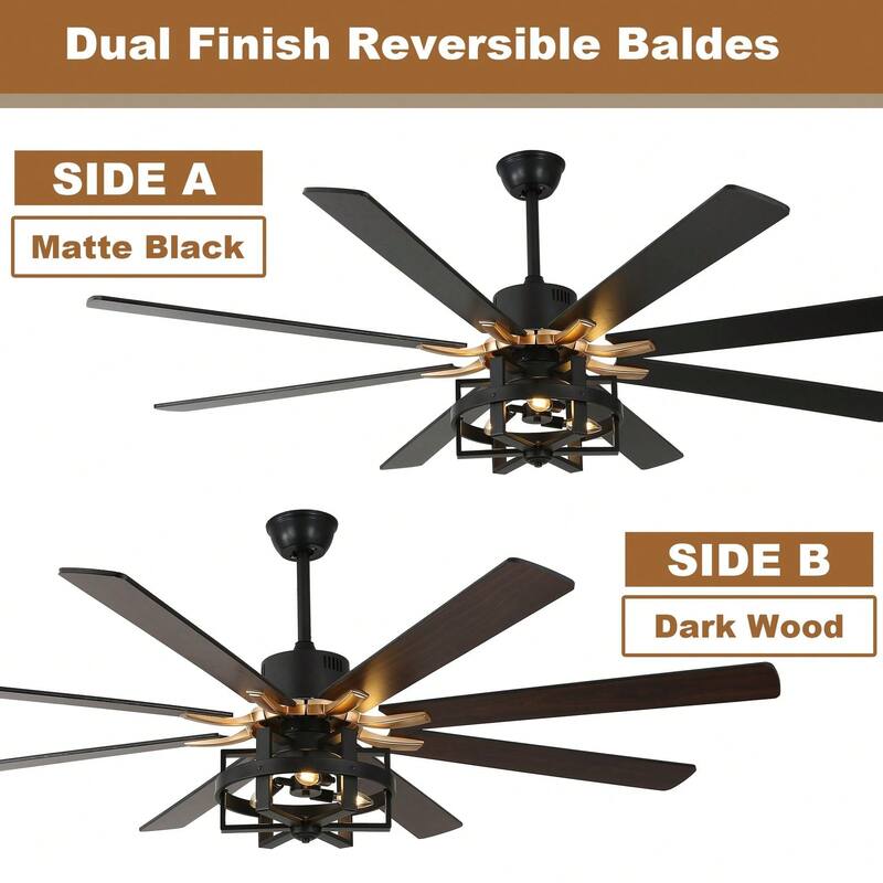 Cusp Barn 65in. Industrial Large Caged Ceiling Fan with Light, Quiet DC Motor 6-speed Reversible 8-Blade Ceiling Fan for Bedroom
