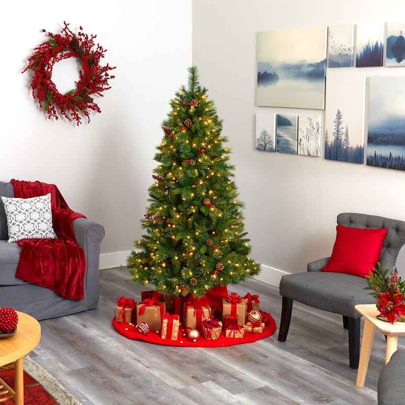 6ft Artificial Christmas Tree with Lights - Rustic Spruce Holiday Decor, Pine Cones & Berries - Green - 72