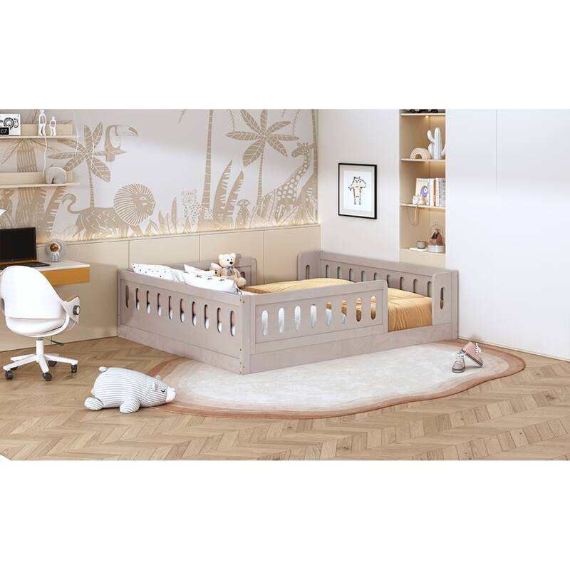 Roomfitters Full Size Wood Platform Bed with Semi-Enclosed Guardrail, Low Profile