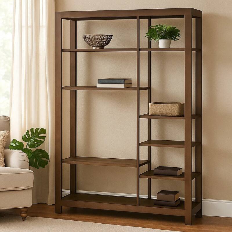 Loe Bookcase, 7 Shelves, Industrial Brown Wood Shelves, Metal 45 Inch