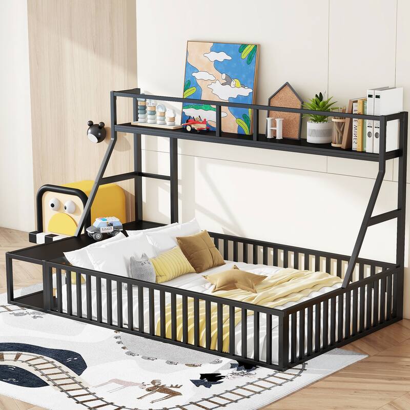 Kids Full Size Floor Bed with Safety Fence, Metal Frame, Desk & Storage - Playhouse Design, Black - Black - Full