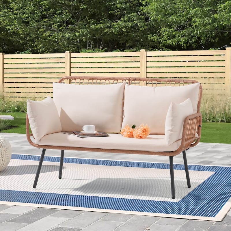 Outdoor Wicker Double Chair with Cushions Conversation Furniture Set - White