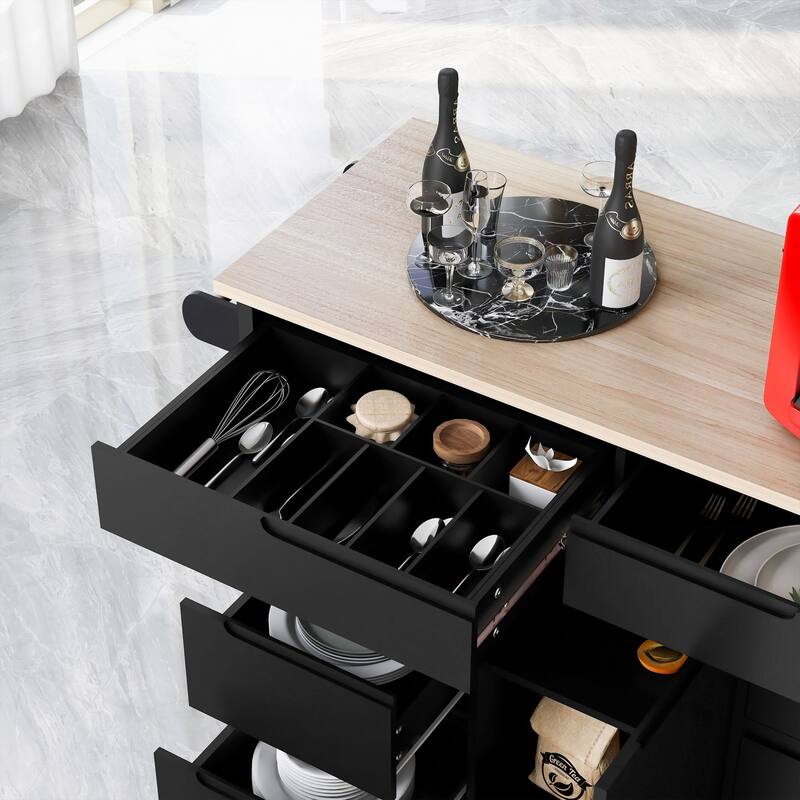 Kitchen Island with 8 Handle-Free Drawers, Rubber Wood Top, Flatware Organizer & 5 Wheels for Storage & Organization