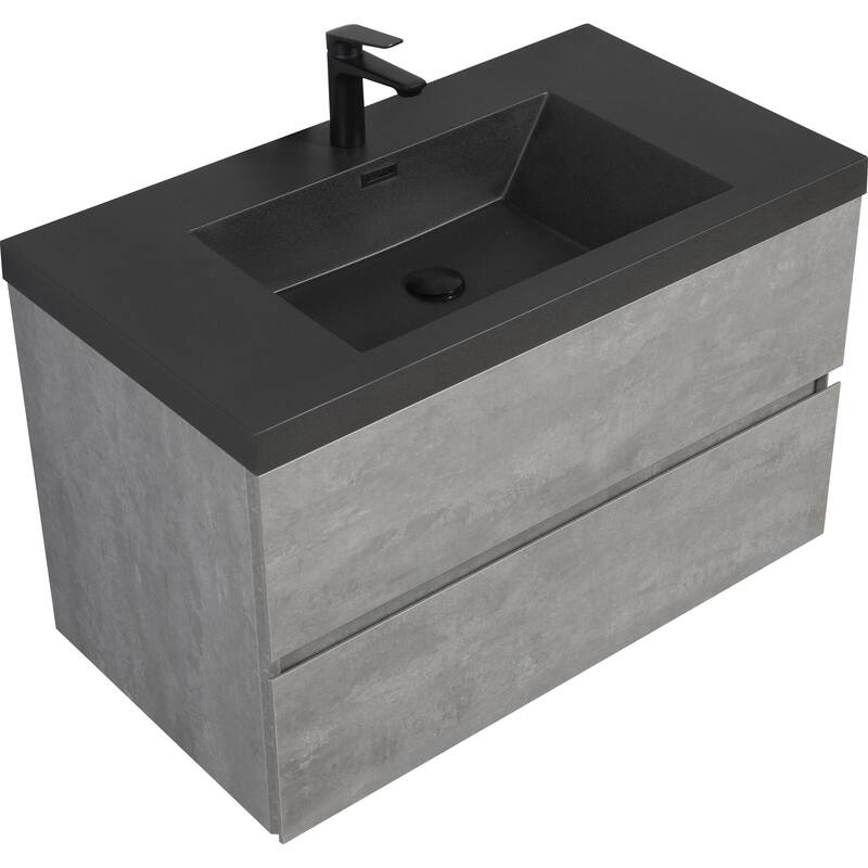 36" Wall-Mounted Floating Vanity with Premium Quartz Sand Basin, Grey Modern Storage Cabinet