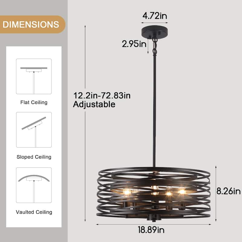 Farmhouse 5-Light Metal Drum Shape Pendant Light for Kitchen Island Entryway