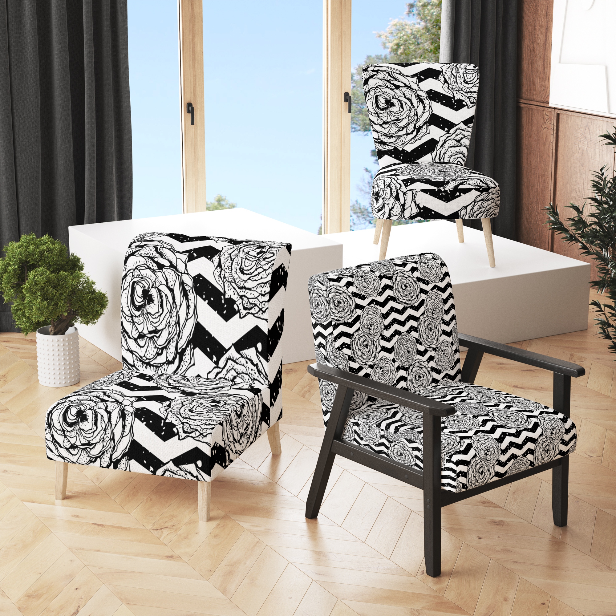 Designart Black Horizontal Chevron Upholstered Patterned Accent Chair and Arm Chair