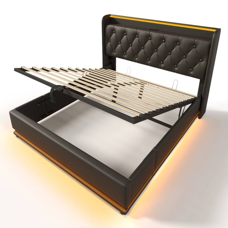 Queen Size Platform Bed Underbed Storage Bed with Wingback Tufted Headboard, USB and 360 Surround LED Strip, PU Upholstered
