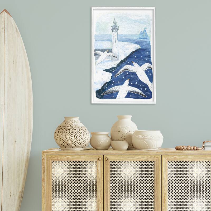 Stupell Snowy Winter Harbor Birds Framed Giclee Art Design By Hannah Moren