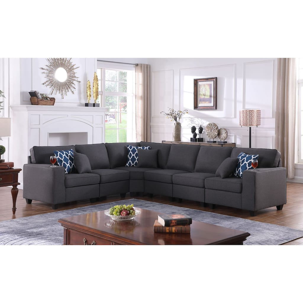 6 Piece Upholstered L-Shape Sectional Sofa in Dark Gray