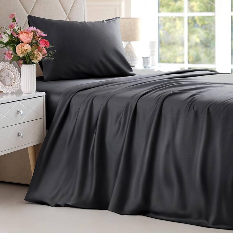 CGK Linens Solid Rayon From Bamboo 4 Piece Deep Pocket Soft Bed Sheet Set - Twin - Black
