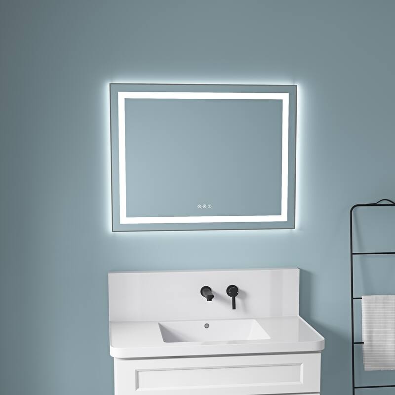36 x 28 Inch LED Bathroom Mirror with Front and Backlight, Wall Mounted Vanity Mirror with Aluminum Frame, Anti-Fog, Memory - Gun Ash