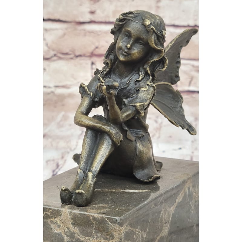 Sitting Young Fairy Girl Angel Winged Figure On Marble Base Original Art By Milo