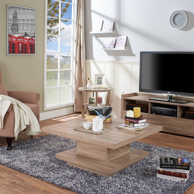 Ross Modern Square Coffee Table with Wrap Around Base Shelf and Hidden Storage by Strick & Bolton