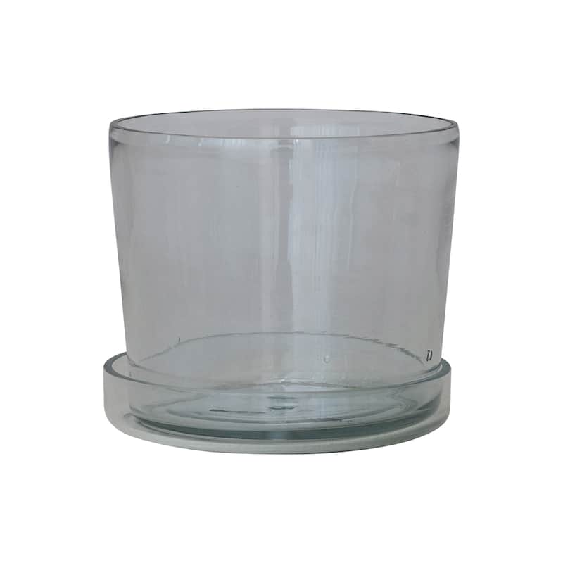 Hand-Blown Glass Planter with Drainage Hole and Saucer - 6.0"L x 6.0"W x 5.25"H - Clear