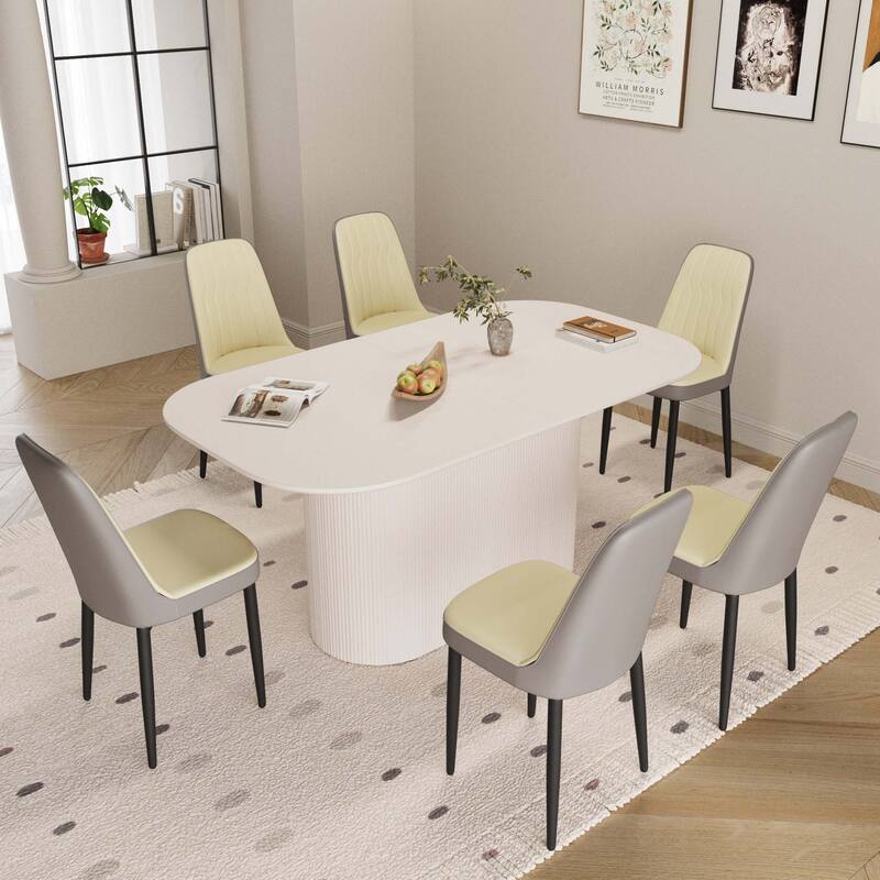 63" medieval modern cream style MDF dining table and PU dining chair set 6, Assemble Desktop and metal leg dining chair set