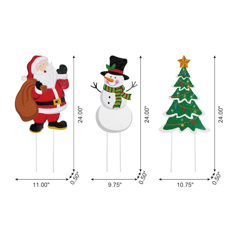 Glitzhome Set of 3 Christmas Metal Santa Snowman Tree Reindeer Candy Cane Yard Stakes Wall Decor