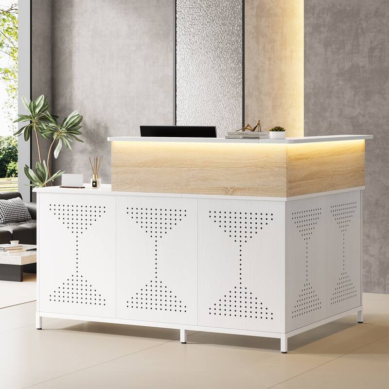 Modern L-Shaped Reception Desk with LED Lights, 60 Inches Front Counter Table for Office, Lobby, Beauty Salon - White & Light Brown