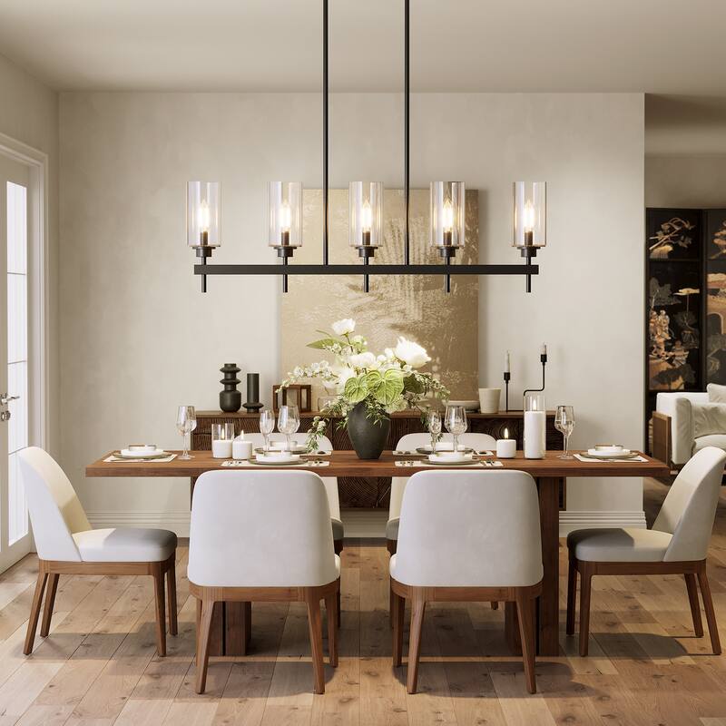 Black Metal 5-Light Linear Chandelier with Clear Glass Shades