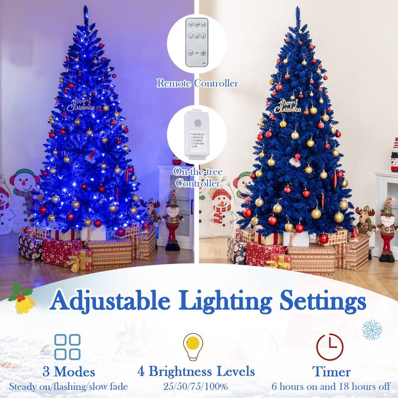 Gymax 7 FT Artificial Christmas Tree w/900 Branch Tips 340 LED Lights - Royal Blue
