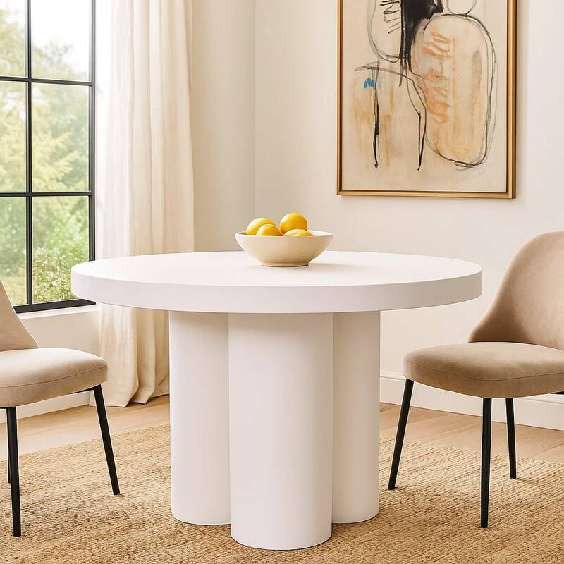 Cid Run Dining Table, White Concrete Abstract Base, Round 43 Inch