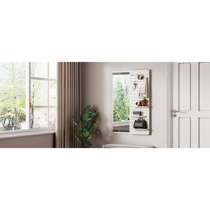 Wall Mounted Full Length Mirror with Shelf and Hook Wall Mounted Mirror with Multifunctional Design Panel(47.6*15.7in)