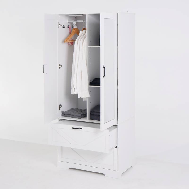 2 Door Wood Wardrobe with Hanging Clothing Rod inside the Cabinet and 2 Drawers, Multifunctional Closet with Mirror