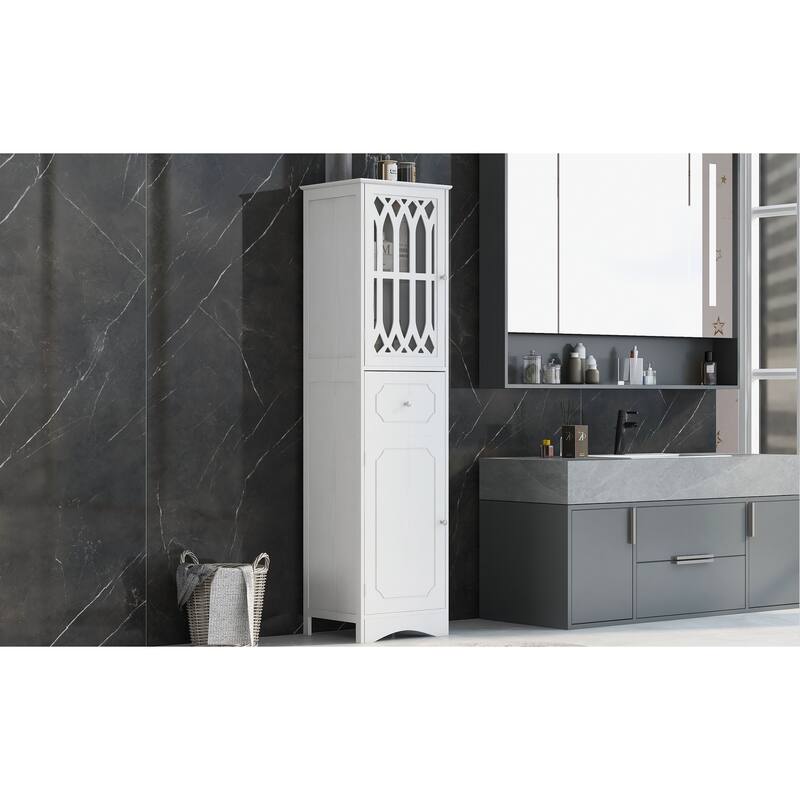 GDFStudio - Isla Slim Tall Bathroom Cabinet with Drawer, Doors, and Adjustable Shelves for Space-Saving Storage
