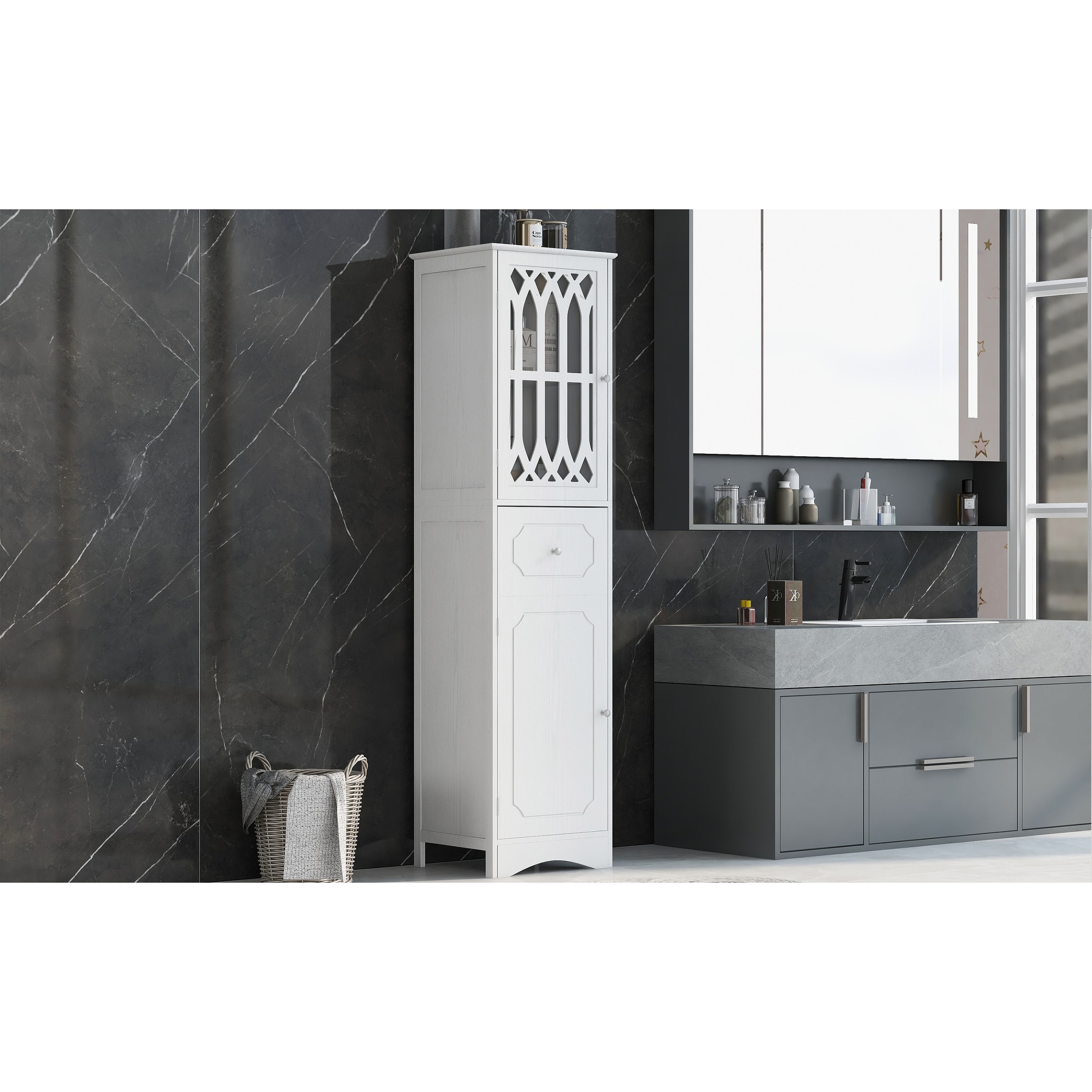 HOMCOM Tall Bathroom Storage Cabinet with Countertop, Linen Cabinet, Black